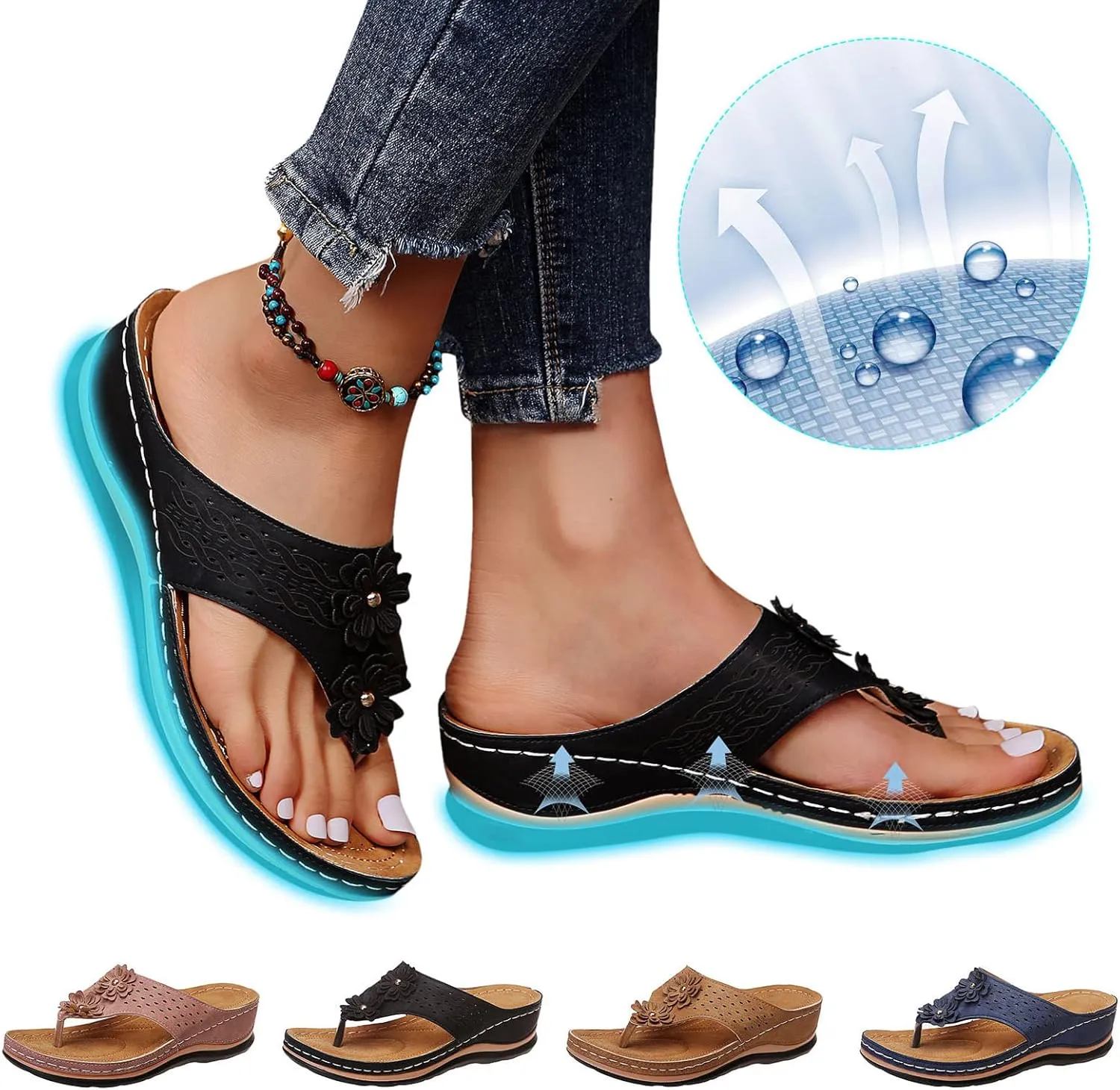 Women's Wedge Flip Flops Breathable Summer Beach Slippers Versatile Dressy Sandals Cushioned Slip-On Slides
