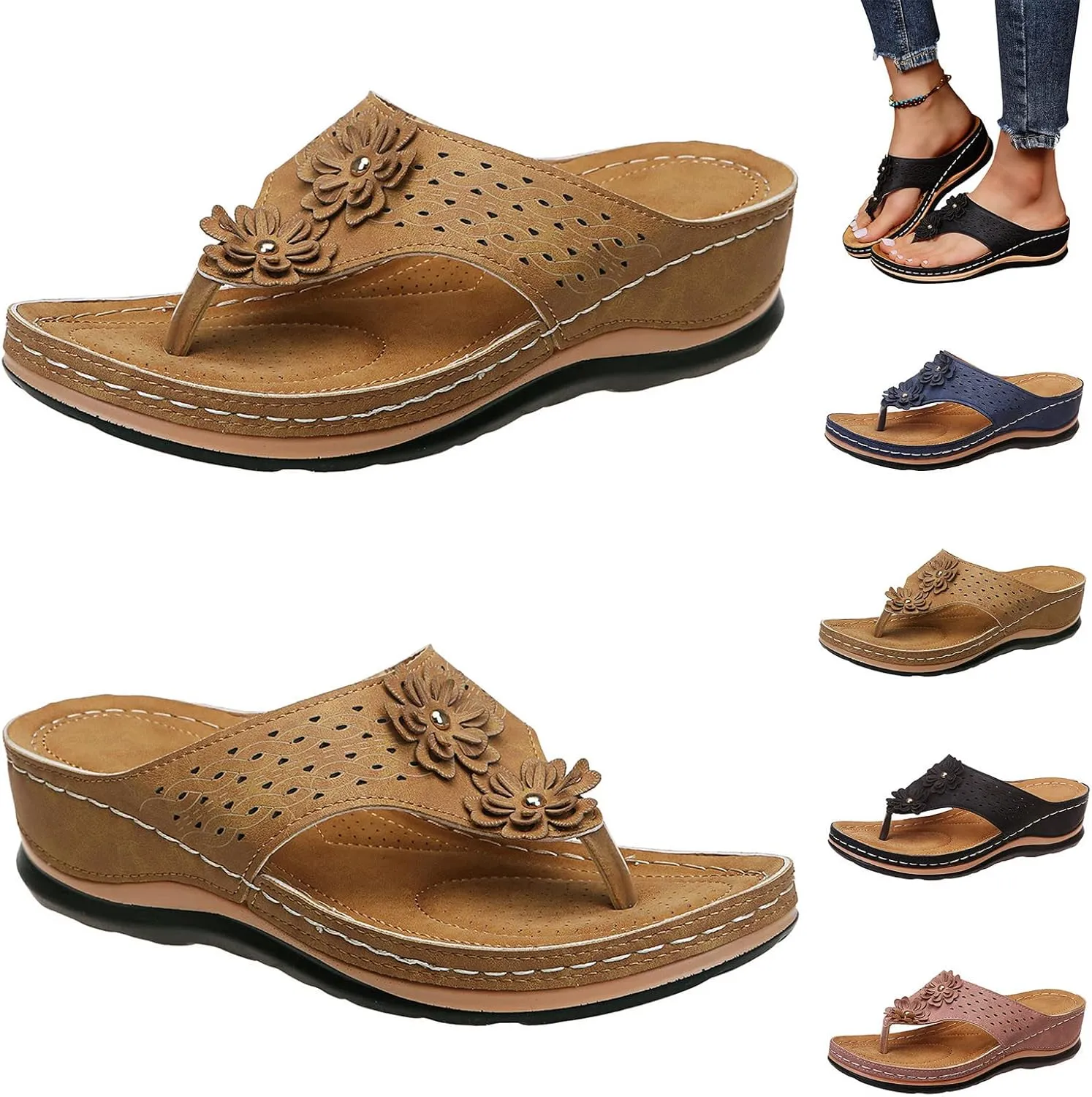 Women's Wedge Flip Flops Breathable Summer Beach Slippers Versatile Dressy Sandals Cushioned Slip-On Slides