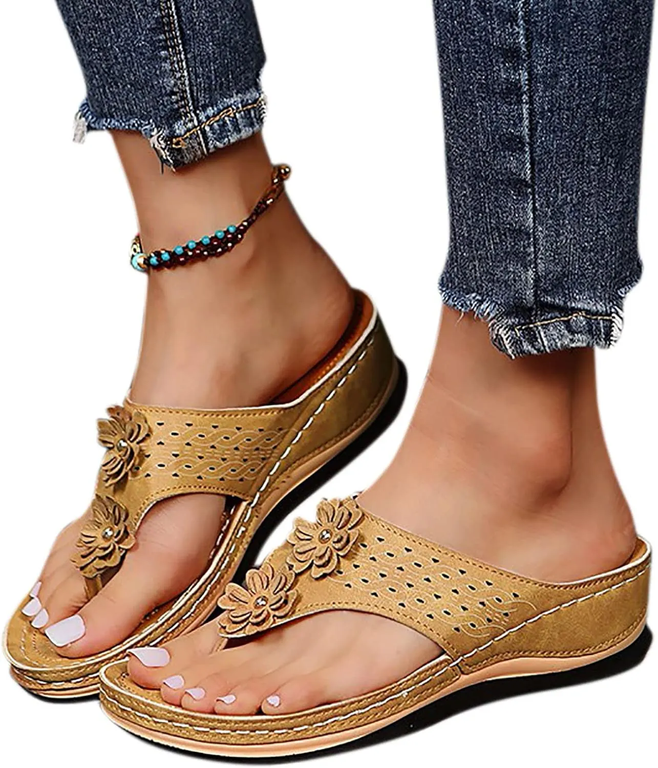Women's Wedge Flip Flops Breathable Summer Beach Slippers Versatile Dressy Sandals Cushioned Slip-On Slides