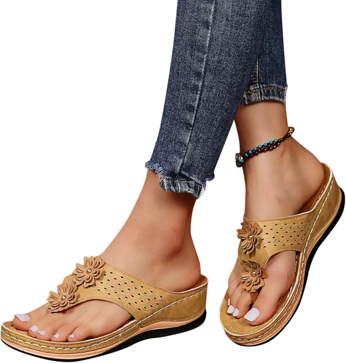Women's Wedge Flip Flops Breathable Summer Beach Slippers Versatile Dressy Sandals Cushioned Slip-On Slides