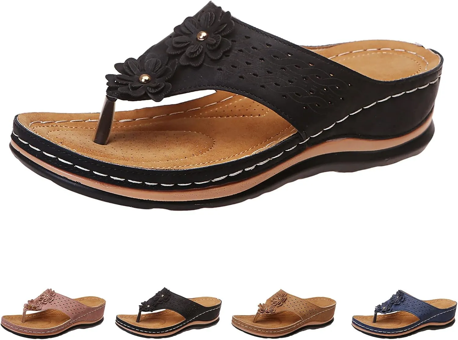 Women's Wedge Flip Flops Breathable Summer Beach Slippers Versatile Dressy Sandals Cushioned Slip-On Slides