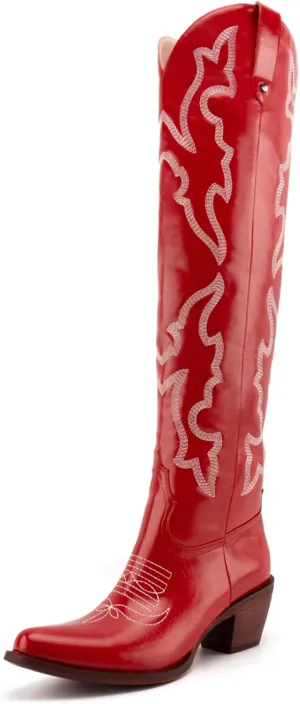 Womens White Cowgirl Boots Fashion Over the Knee Boots With Classic Embroidery Chunky Heels And Western Style