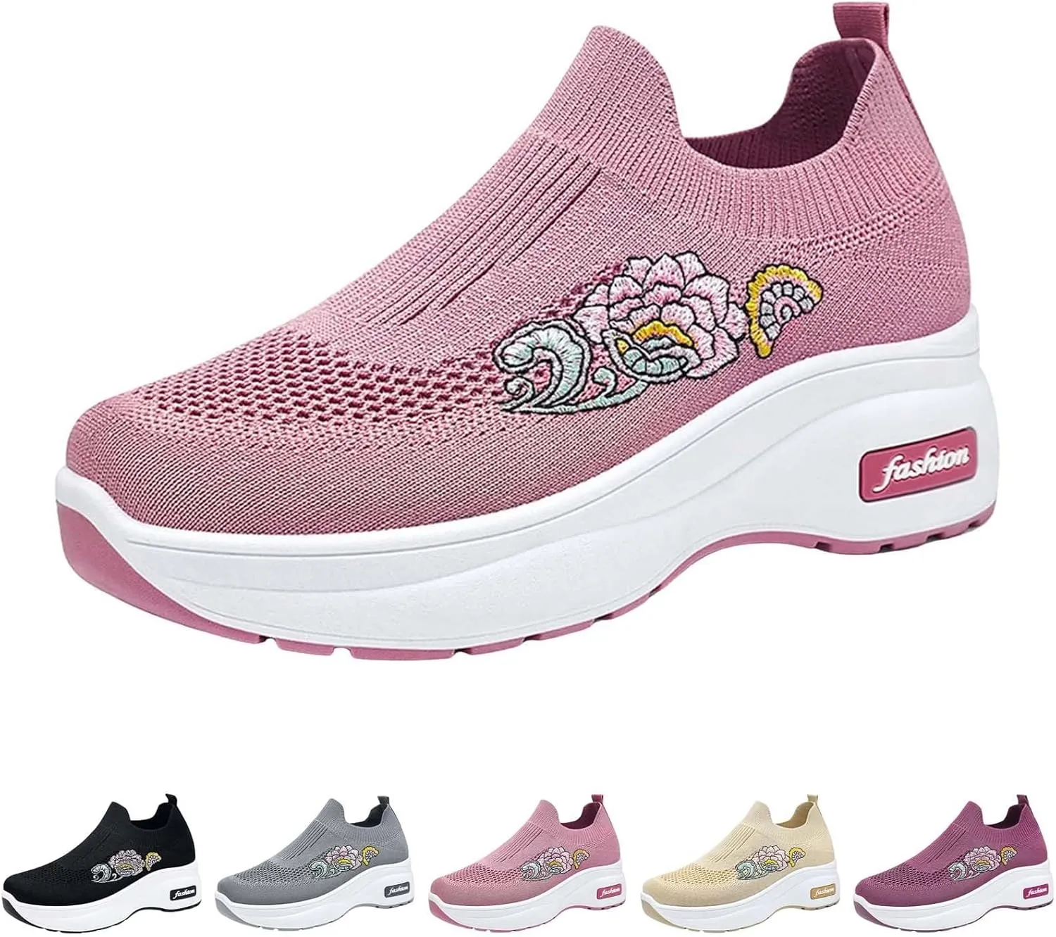 Womens Woven Shoes High Heel Slip-on Women's Sneakers Loafers Solid Color Lightweight Cute Round Toe Sneakers Thick Sole Casual Outdoor Walking Shoe
