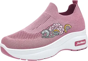 Womens Woven Shoes High Heel Slip-on Women's Sneakers Loafers Solid Color Lightweight Cute Round Toe Sneakers Thick Sole Casual Outdoor Walking Shoe