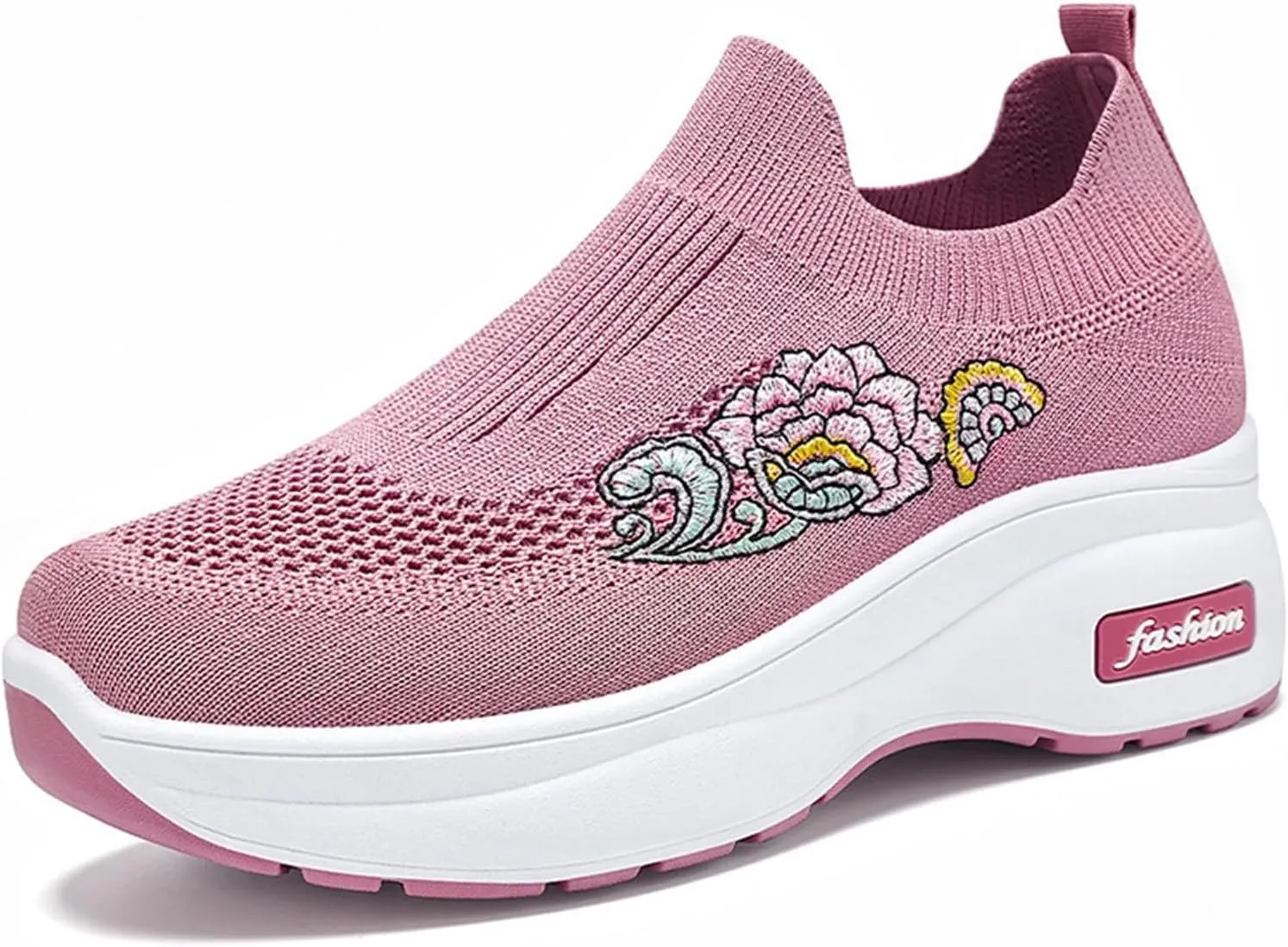 Womens Woven Shoes High Heel Slip-on Women's Sneakers Loafers Solid Color Lightweight Cute Round Toe Sneakers Thick Sole Casual Outdoor Walking Shoe